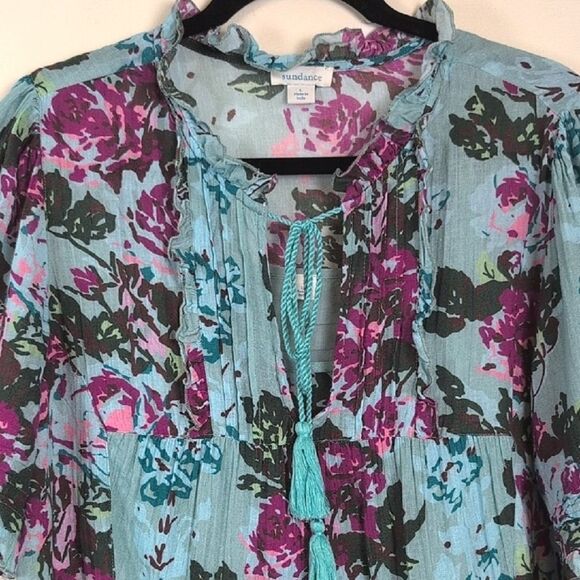 Sundance Catalog Provence Stroll Dress Turquoise Floral Boho Dress Size L - Picture 6 of 12